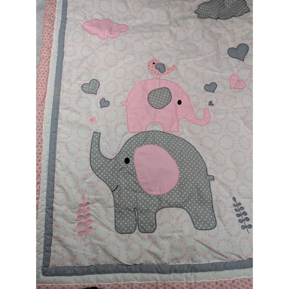 Optima Baby Quilt Poly cotton  35 X 43 Elephants Hearts Birds Blanket Pink gray
